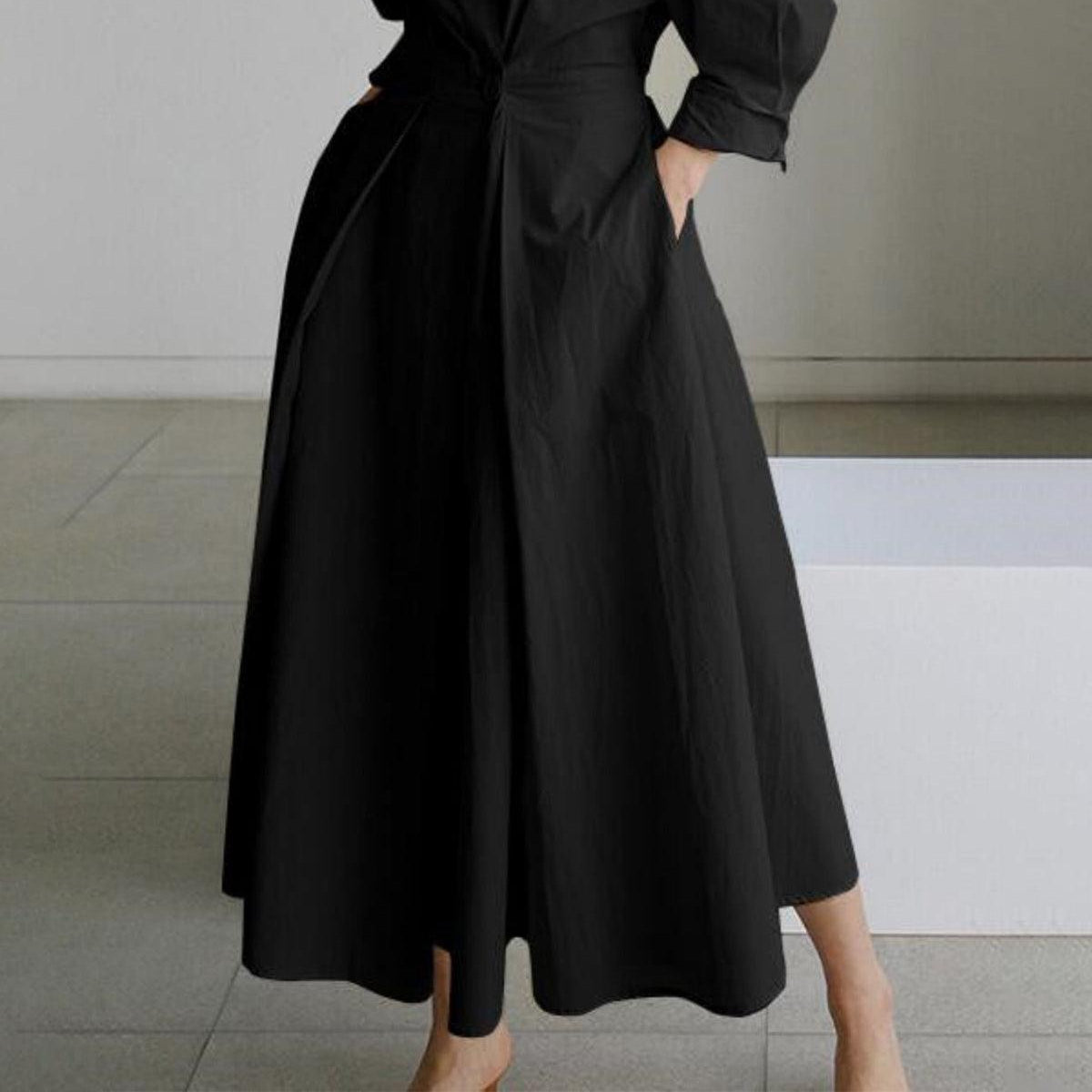 Women's Elegant Solid Midi Dress with Notched Collar and Pockets