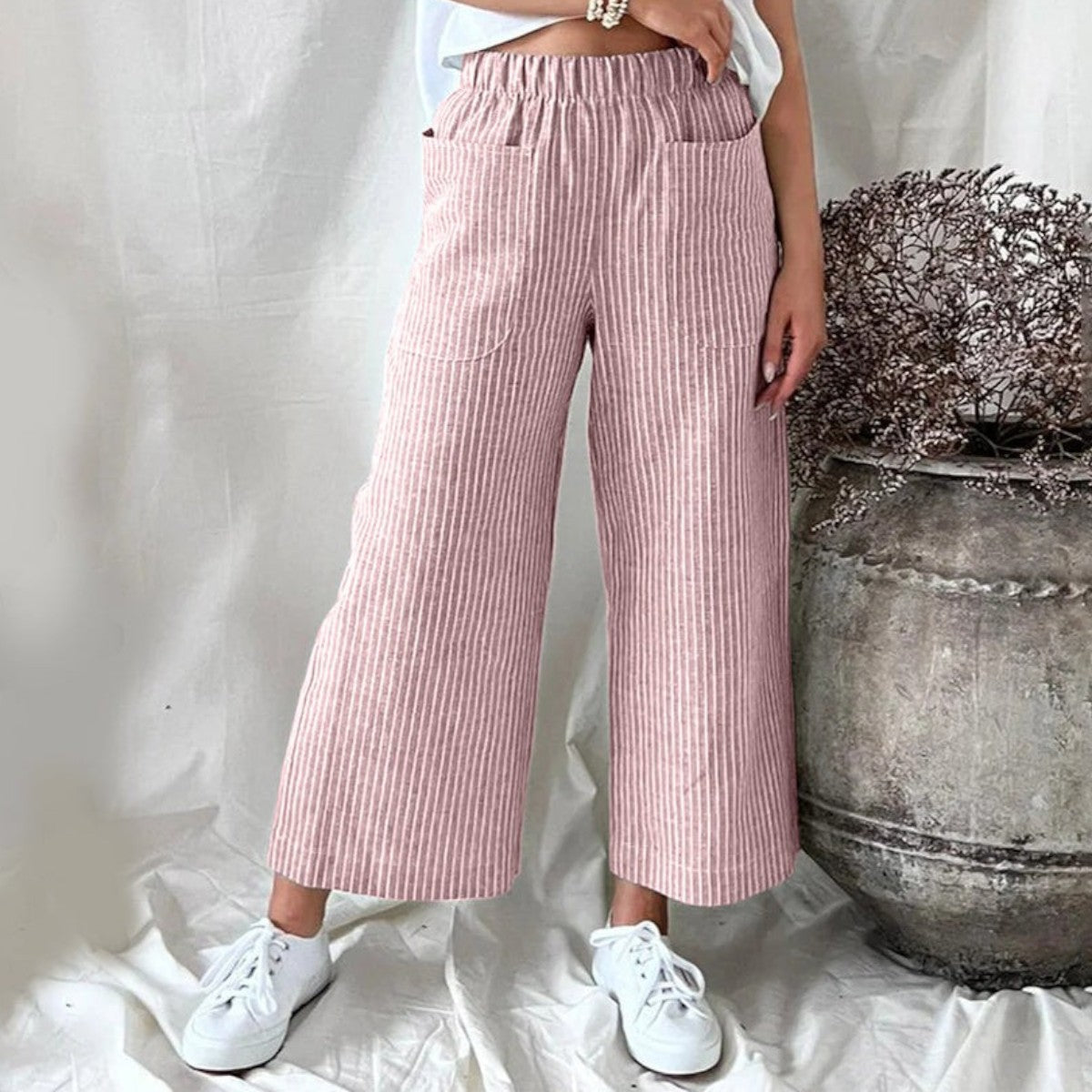 Women's Striped Pants - High-Waisted, Wide-Leg Silhouette