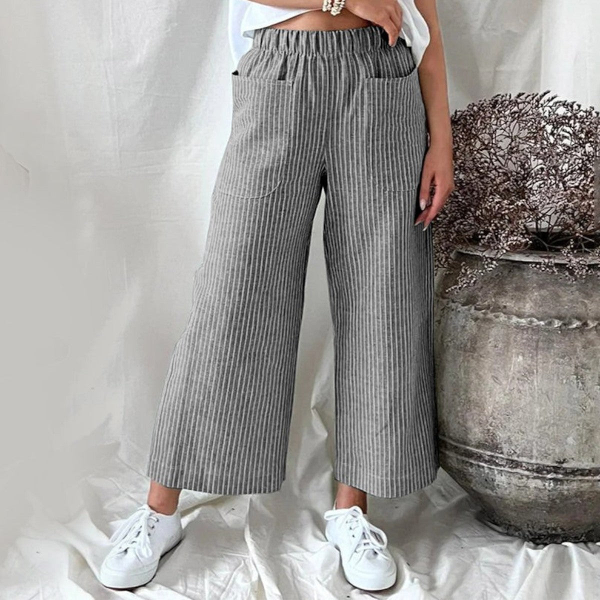 Women's Striped Pants - High-Waisted, Wide-Leg Silhouette