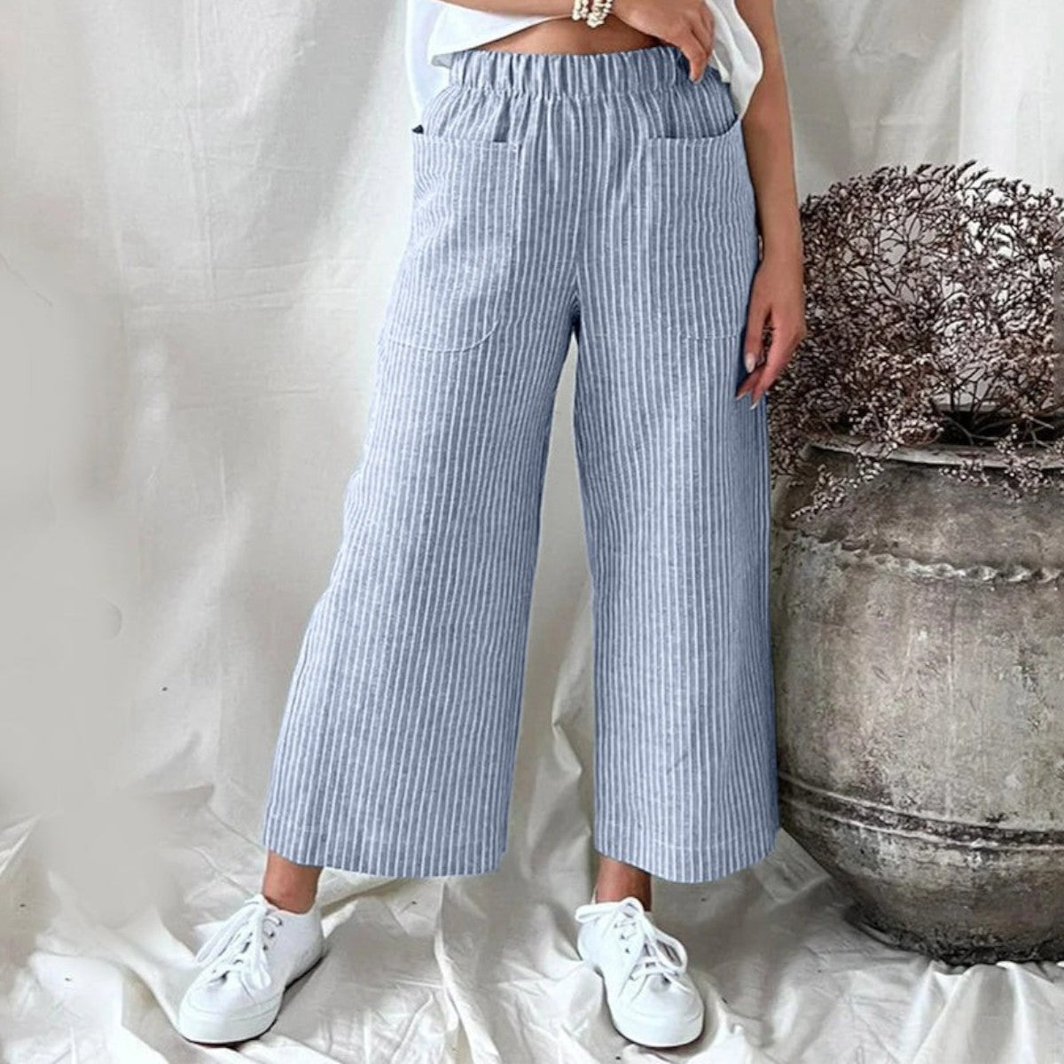 Women's Striped Pants - High-Waisted, Wide-Leg Silhouette