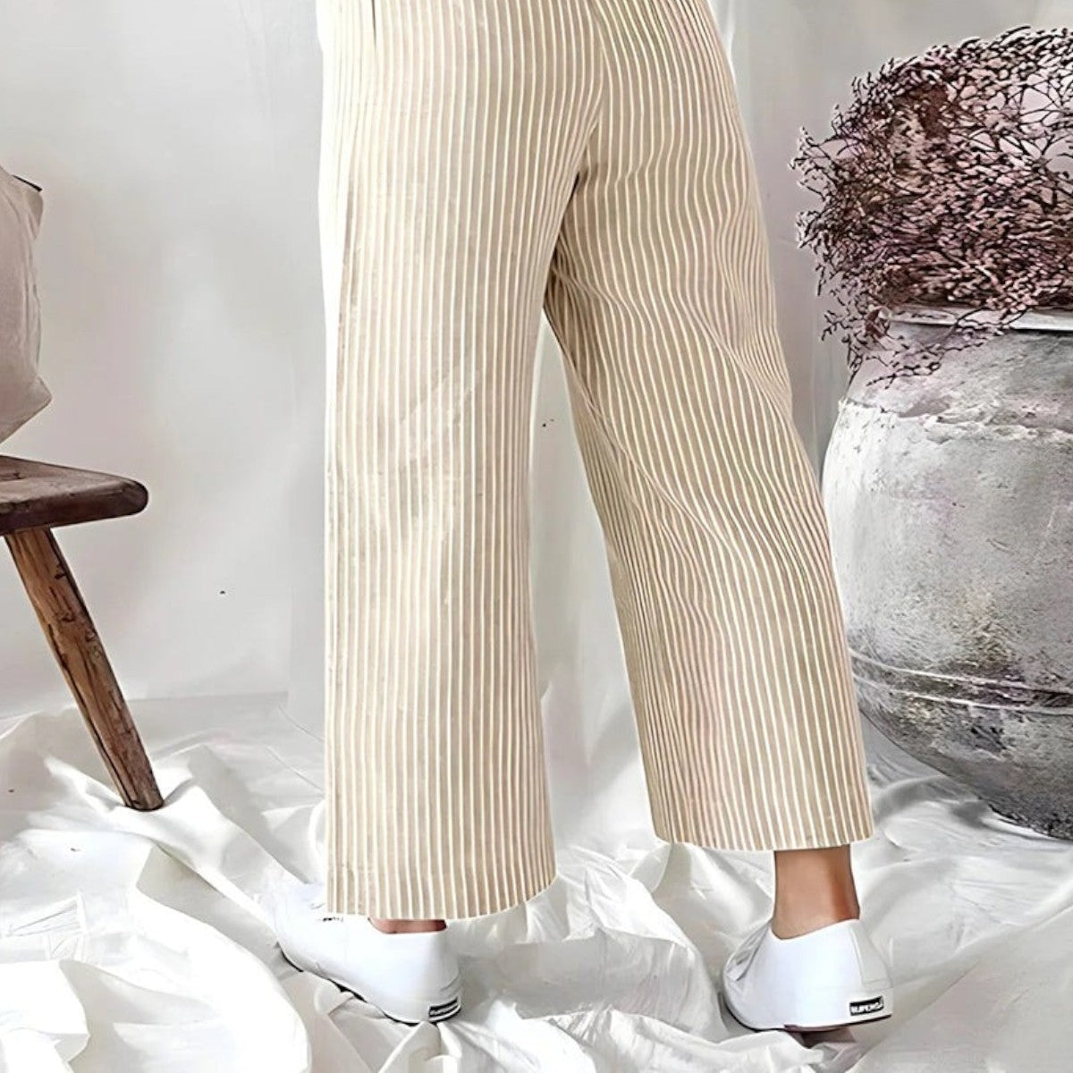 Women's Striped Pants - High-Waisted, Wide-Leg Silhouette