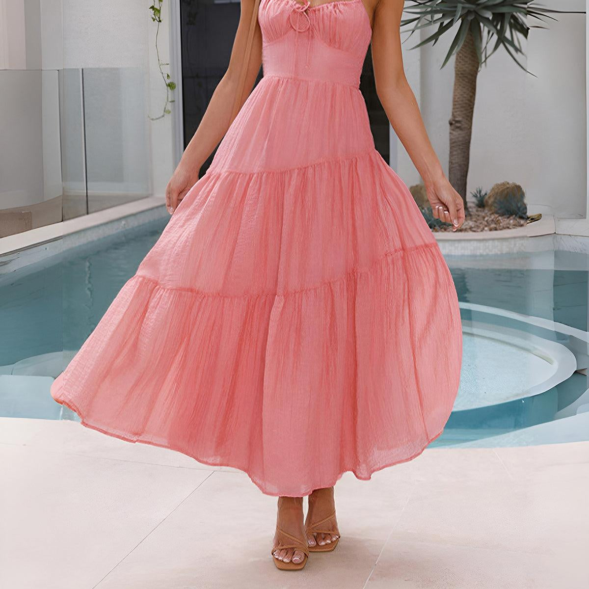 Women's Elegant Back Smocking Tiered Cami Maxi Dress