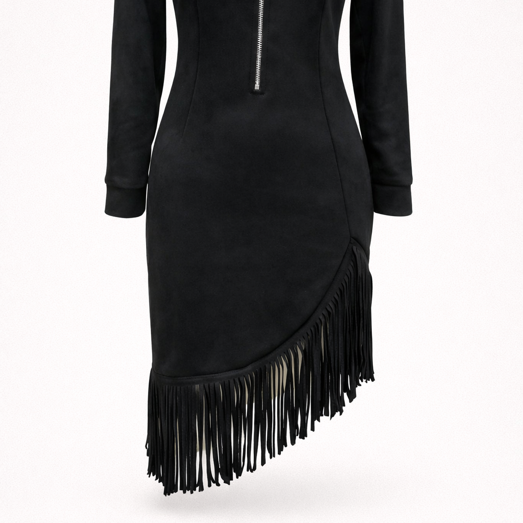 Midi dress with long sleeves and irregular fringes