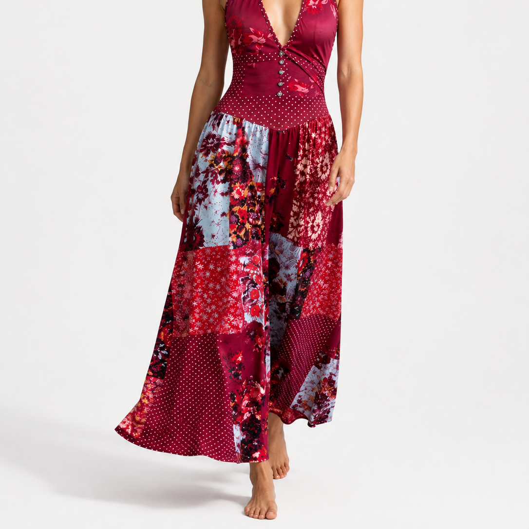Boho Patchwork Halter Maxi Dress with Floral Print