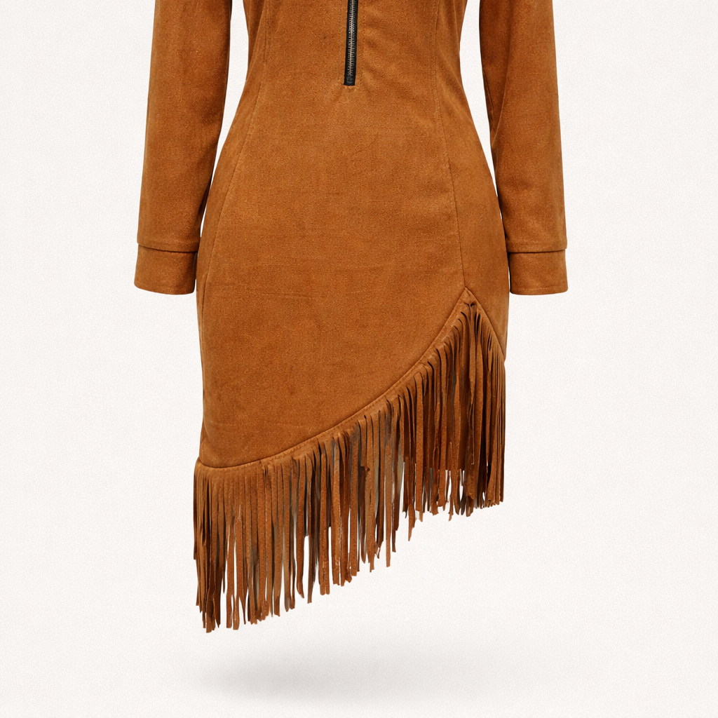 Midi dress with long sleeves and irregular fringes