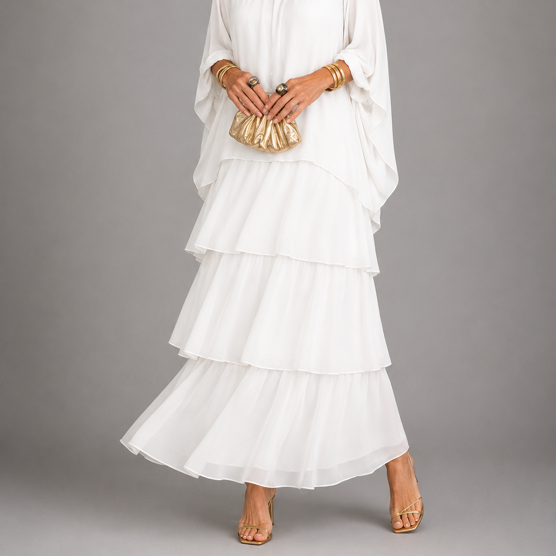 Clothing > Dresses : Lara™ | Elegant Flowing Maxi Dress in White van Paper Favor