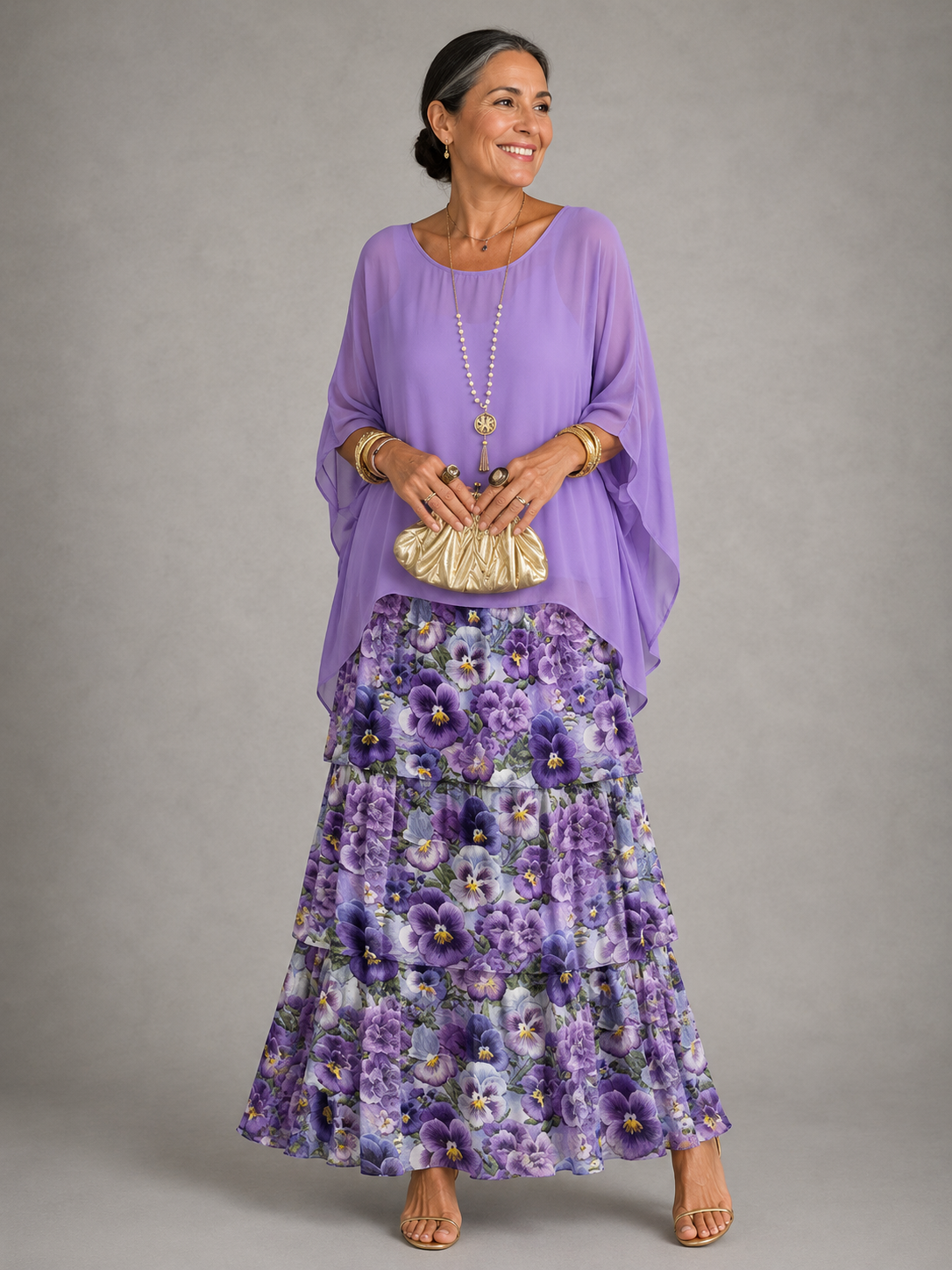 : Lara™ | Elegant Flowing Maxi Dress in Purple with flowers van Paper Favor