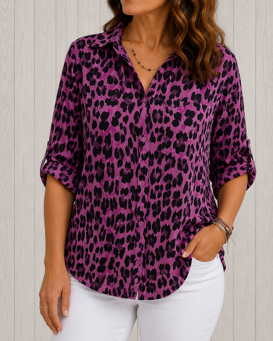 Clothing > Blouses : Casey™ | Stylish Leopard Print Blouse in Purple van DUUWE