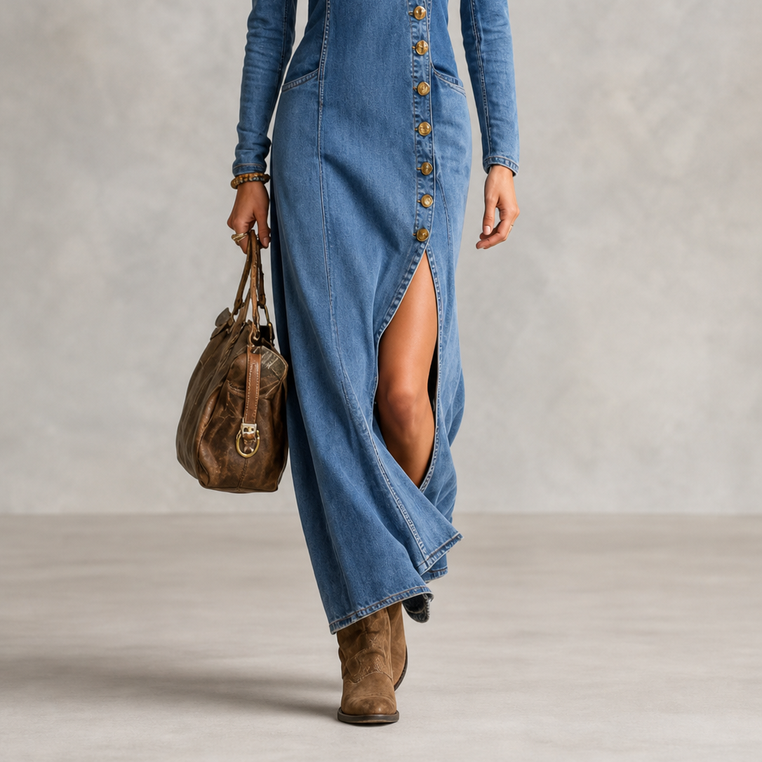 : Monique | Casual Autumn Jean Long Dress in Blue van Paper Favor