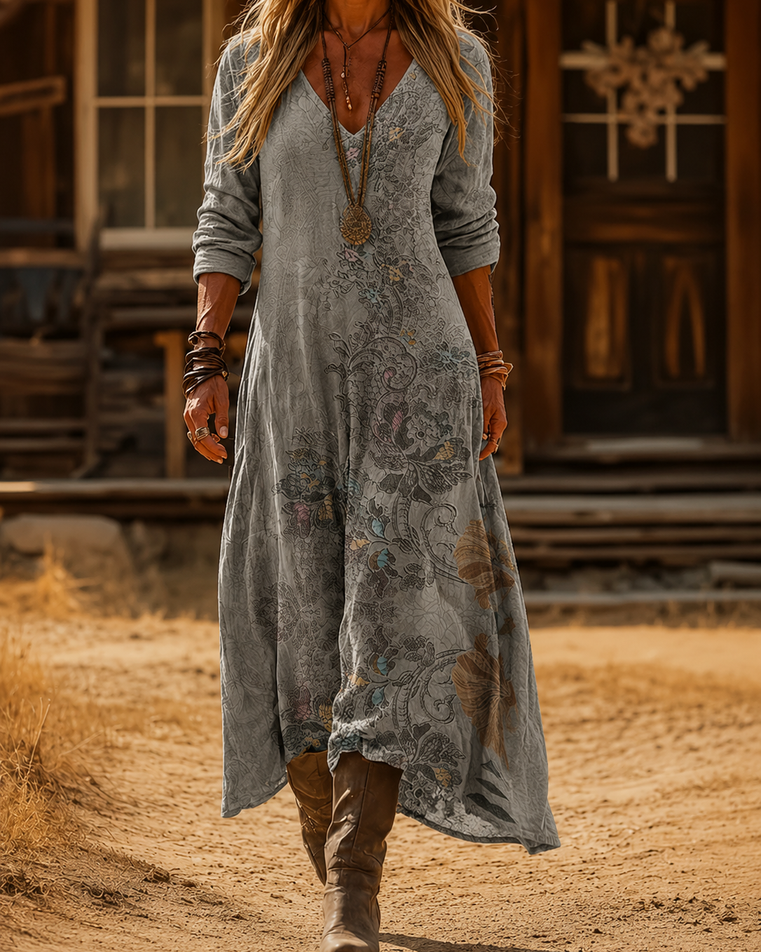 : Celestine | Vintage Bohemian Autumn Dress in Multicolour van Paper Favor