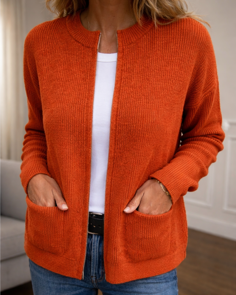 Cardigan : Brittney - Relaxed Comfort Cardigan in Orange van Paper Favor