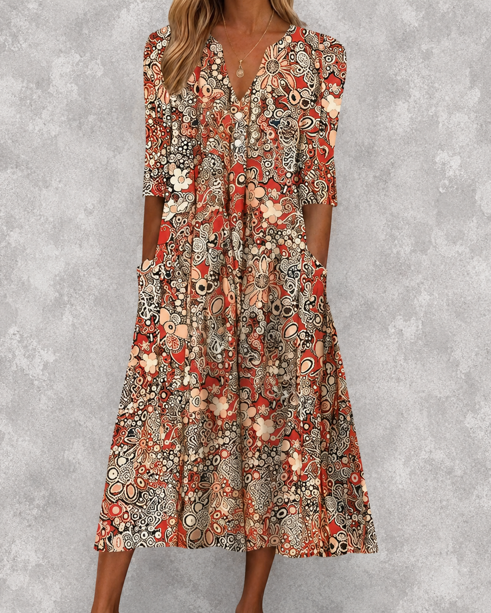 Dress : Evelyn | Graceful Midi Dress With Pockets in Beige van Paper Favor