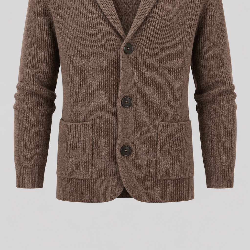 Men’s Thick Polyester Button-Down Cardigan with Shawl Collar and Pockets