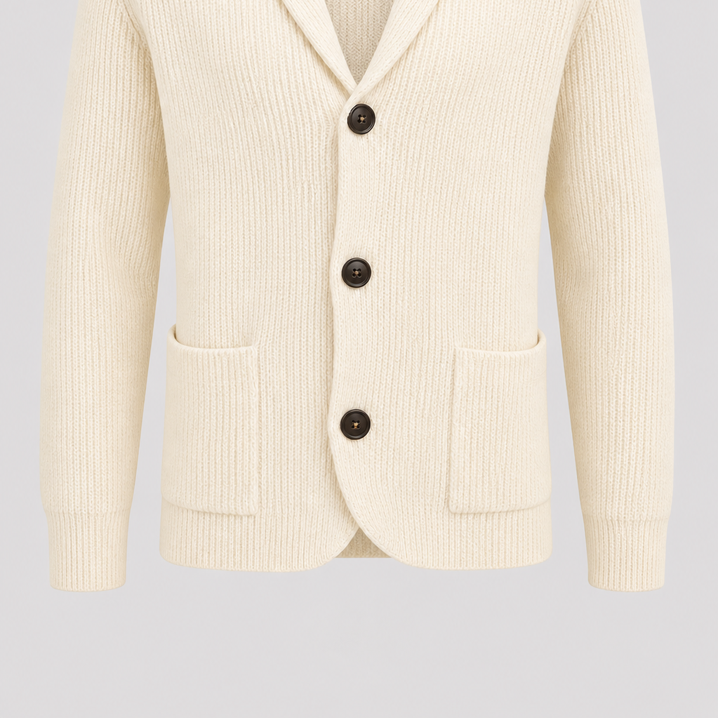 Men’s Thick Polyester Button-Down Cardigan with Shawl Collar and Pockets