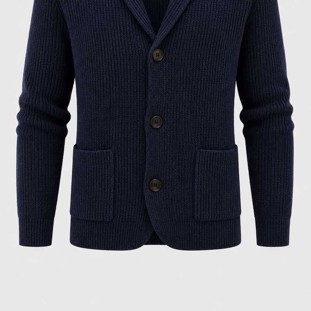 Men’s Thick Polyester Button-Down Cardigan with Shawl Collar and Pockets
