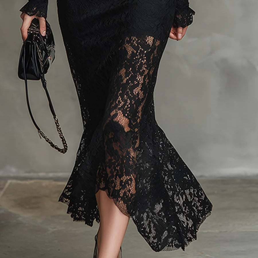 Elwira | Elegant Black Lace Maxi Dress – Timeless Evening Gown