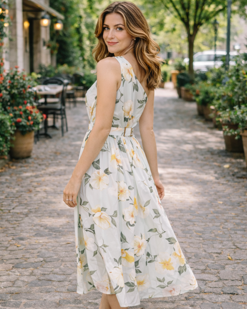 Elegant Light Green Floral One-Shoulder Ruched A-Line Maxi Dress in Chiffon