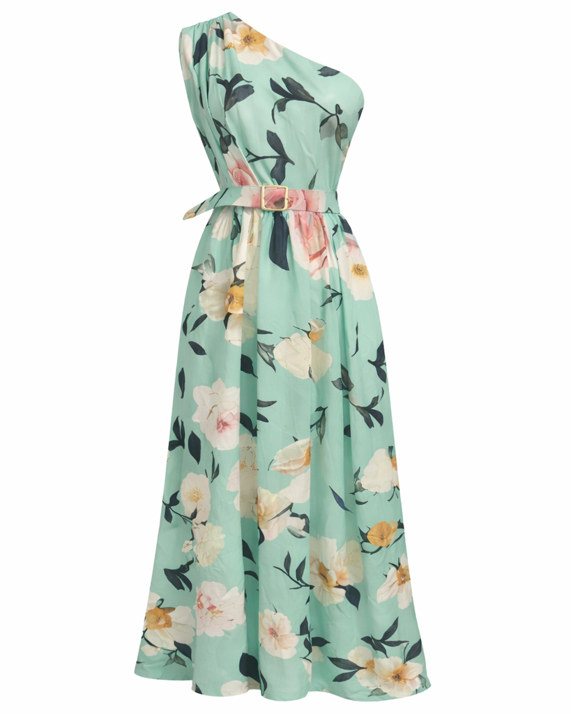 Elegant Light Green Floral One-Shoulder Ruched A-Line Maxi Dress in Chiffon