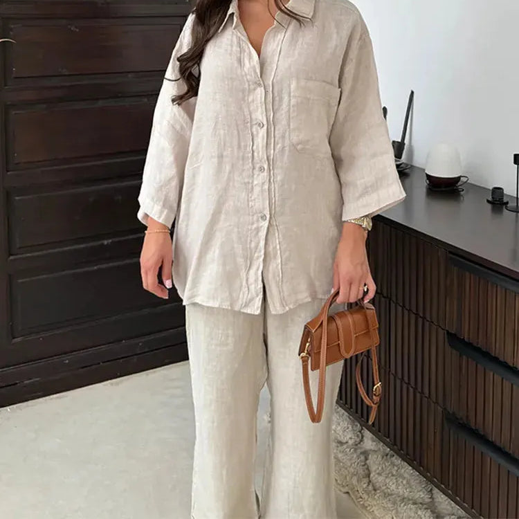 Women > Shirts > Button-Up : Women's Effortless 2-Piece Set for Cool, Comfortable, Breezy Everyday in Khaki van Paper Favor