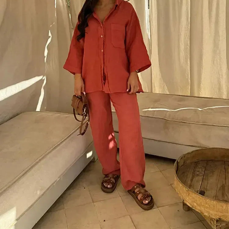 Women > Shirts > Button-Up : Women's Effortless 2-Piece Set for Cool, Comfortable, Breezy Everyday in Red van Paper Favor