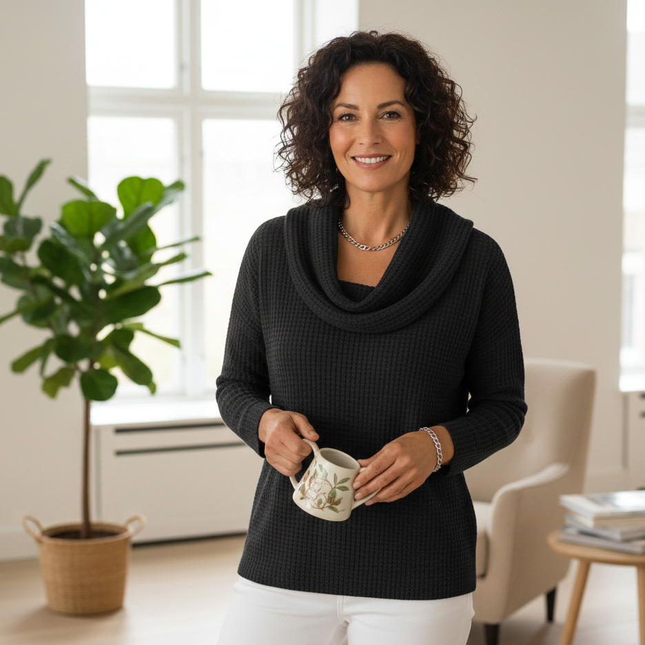 Amber – Cozy Waffle-Knit Sweater with Elegant Waterfall Neckline