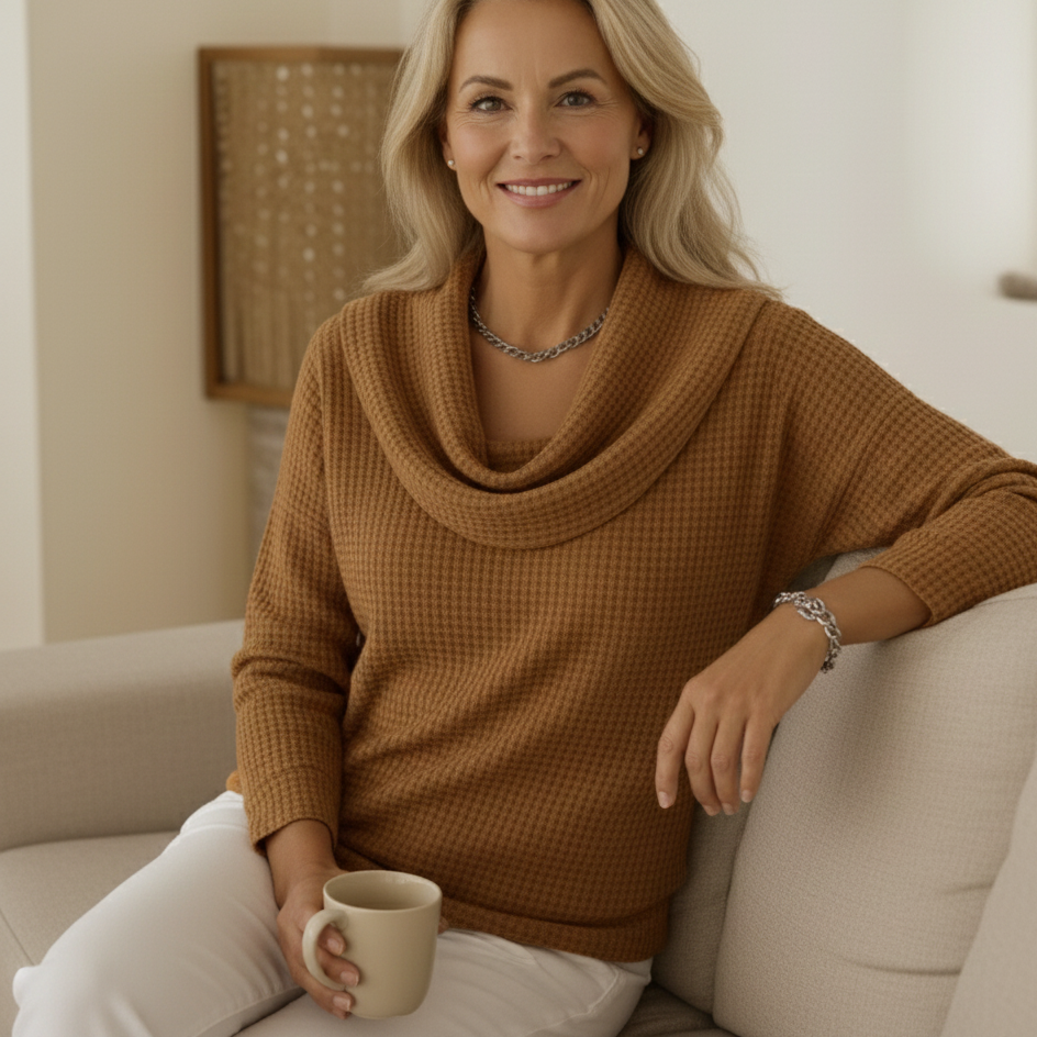 Amber – Cozy Waffle-Knit Sweater with Elegant Waterfall Neckline