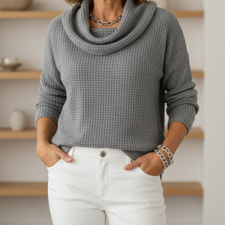 Amber – Cozy Waffle-Knit Sweater with Elegant Waterfall Neckline