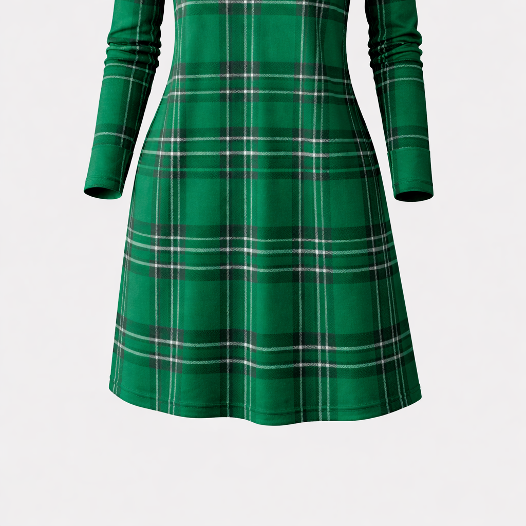 Therese | Women’s Plaid Long Sleeve Shift Dress – Lightweight Stretch Polyester