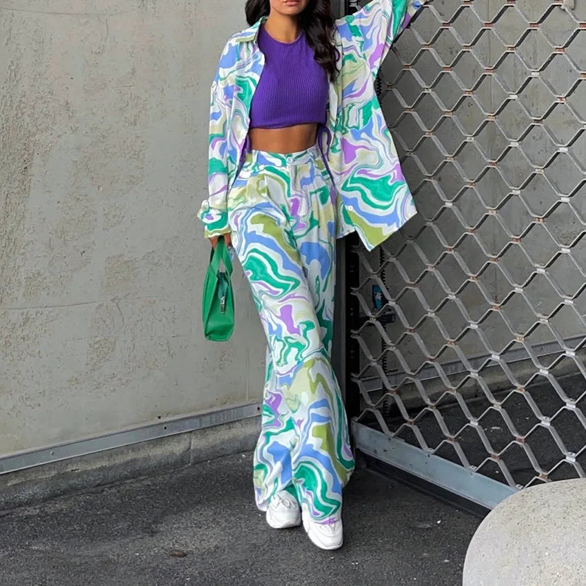 Women > Two-Piece Sets : Women's Vivid Swirl Print Two-Piece Set in Green van Paper Favor