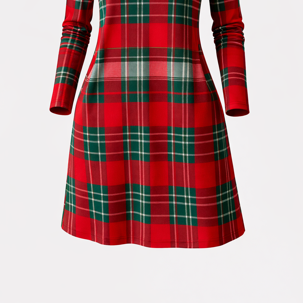 Therese | Women’s Plaid Long Sleeve Shift Dress – Lightweight Stretch Polyester