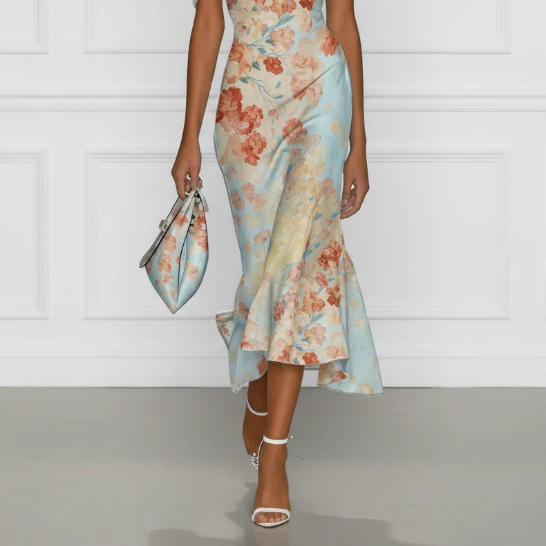 Vittoria™ | Blue Floral Off-Shoulder Mermaid Midi Dress