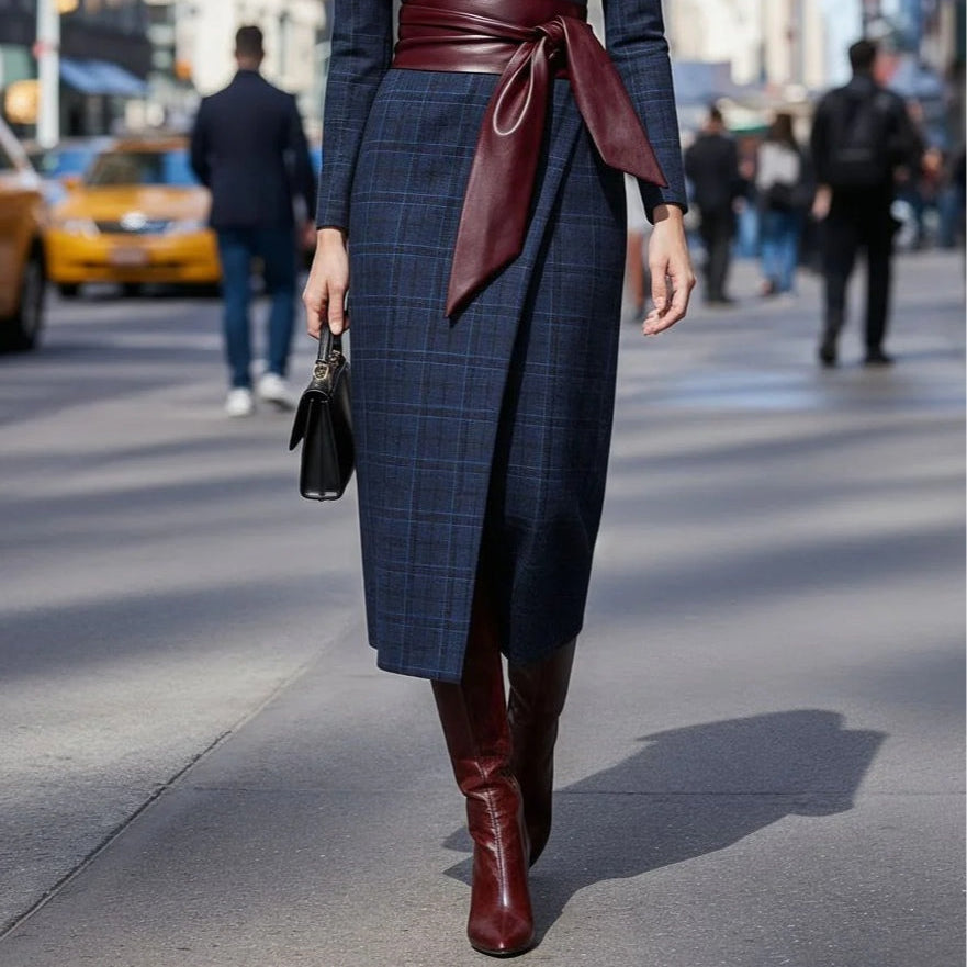 Asymmetric Dress with Sweetheart Neckline, Plaid Belt, Elegant