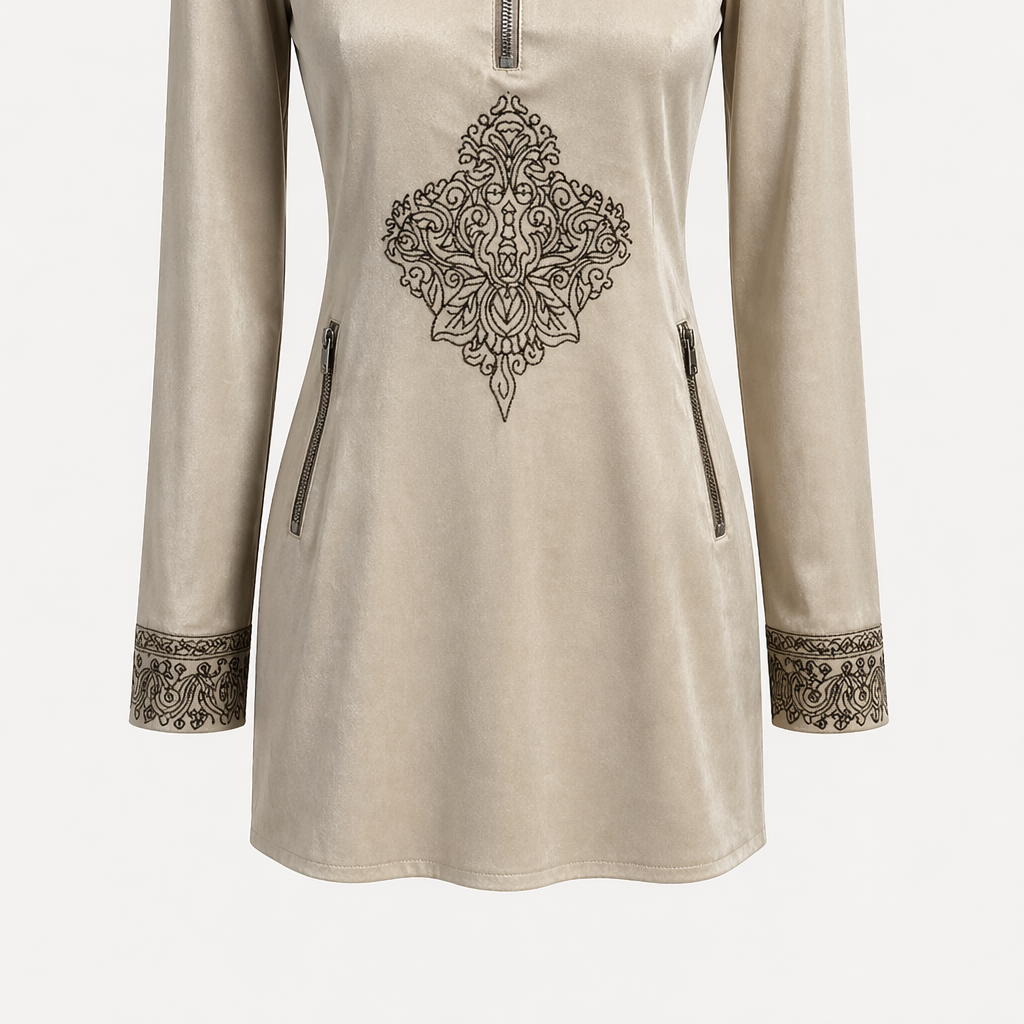 Vintage Beige Mini Dress with Pockets and Zip Front