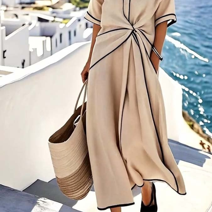 Midi Dress : Aurora Relaxed Midi Dress – Effortless, Flowy Comfort for Everyday Chic in Beige van Paper Favor