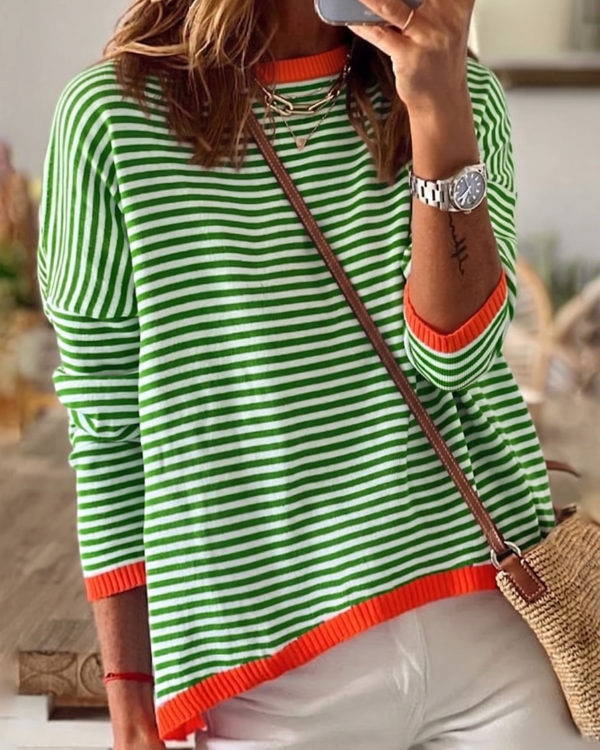 Pull : Sophie - Striped Long Sleeve Top in Green van Paper Favor