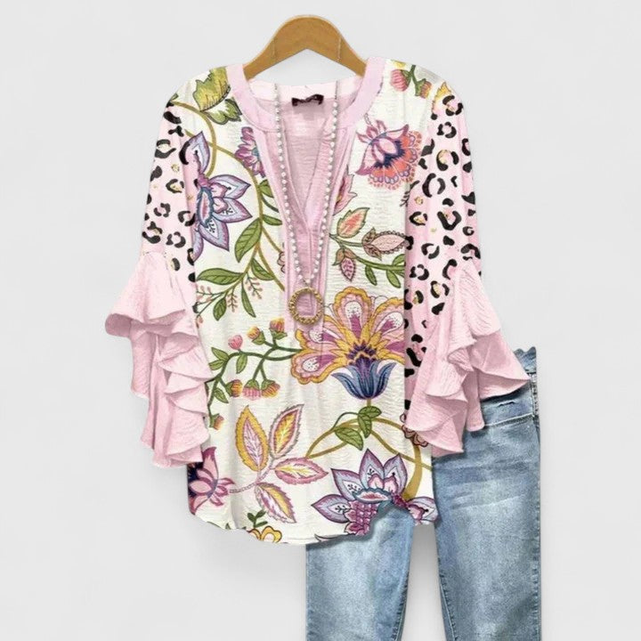Celeste™ | Flowing Ruffle-Sleeve Blouse in Artisan Prints