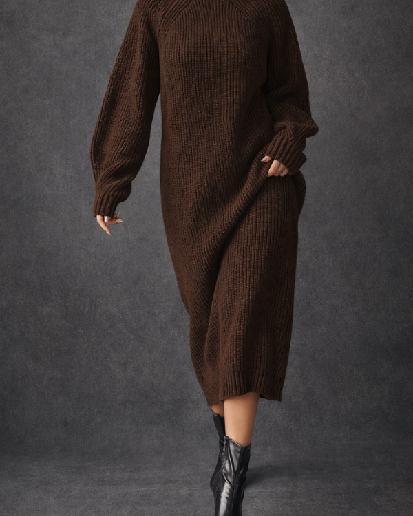 Dresses : Olive | High Neck Textured Elegant Dress in Dark Brown van Paper Favor