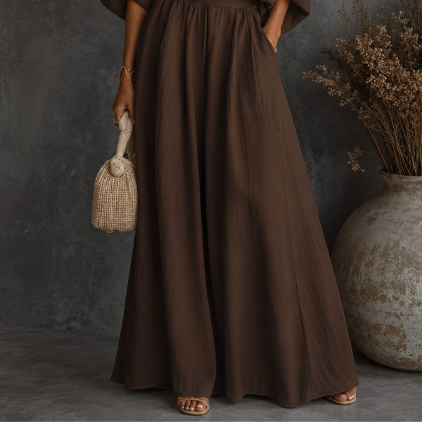 Dresses : Sadie | Casual Short Loose Off-Shoulder and Oversized Skirt in Brown van Paper Favor