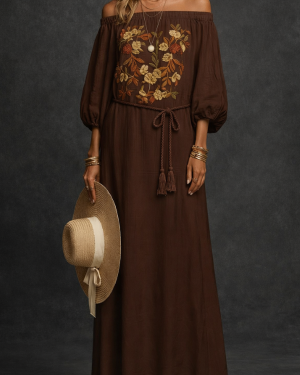 Dresses : Willow | Off-Shoulder Long Dress in Brown van Paper Favor