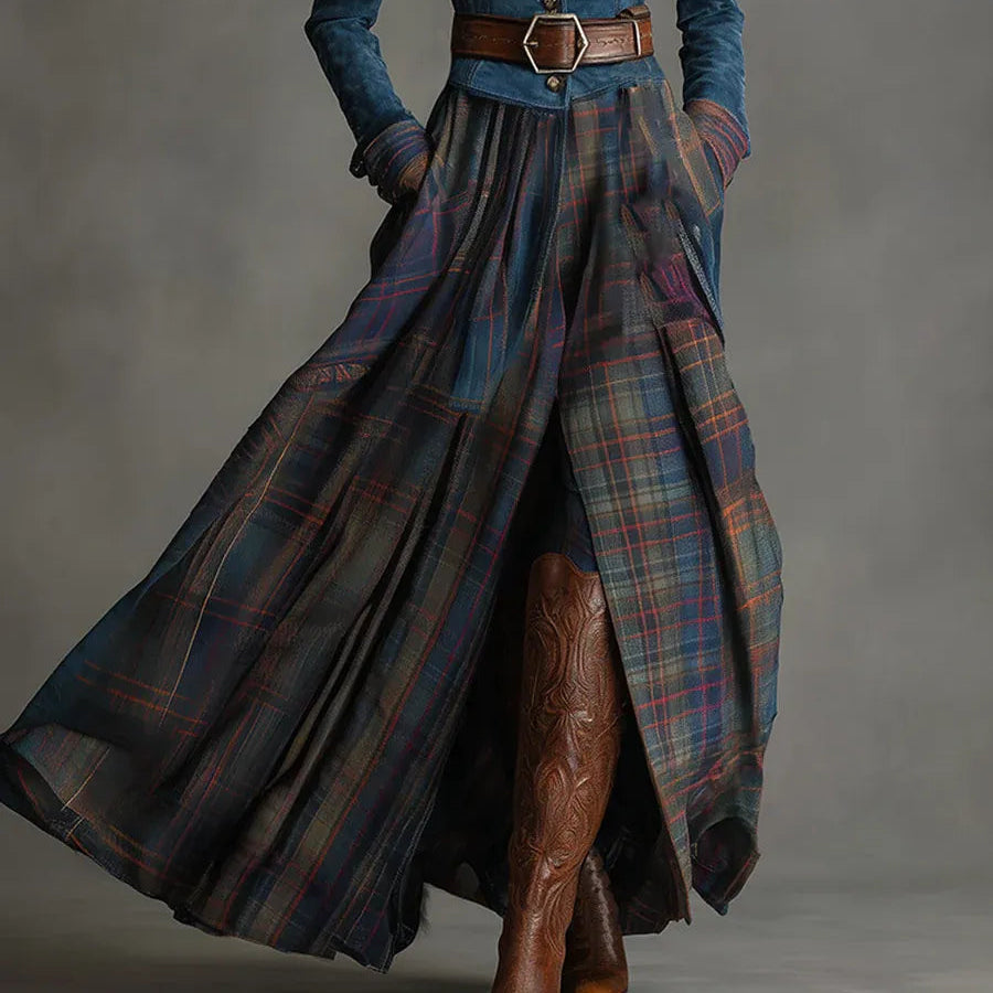 Women's Retro Ethnic Maxi Dress in Faux Blue Tartan with Belt