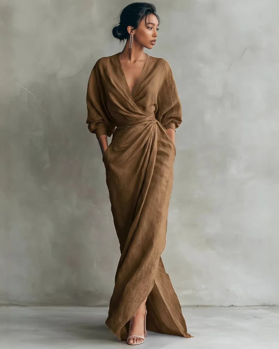 : Lola | V-Neck Waist Draped Long Sleeve Dress in Khaki van Paper Favor