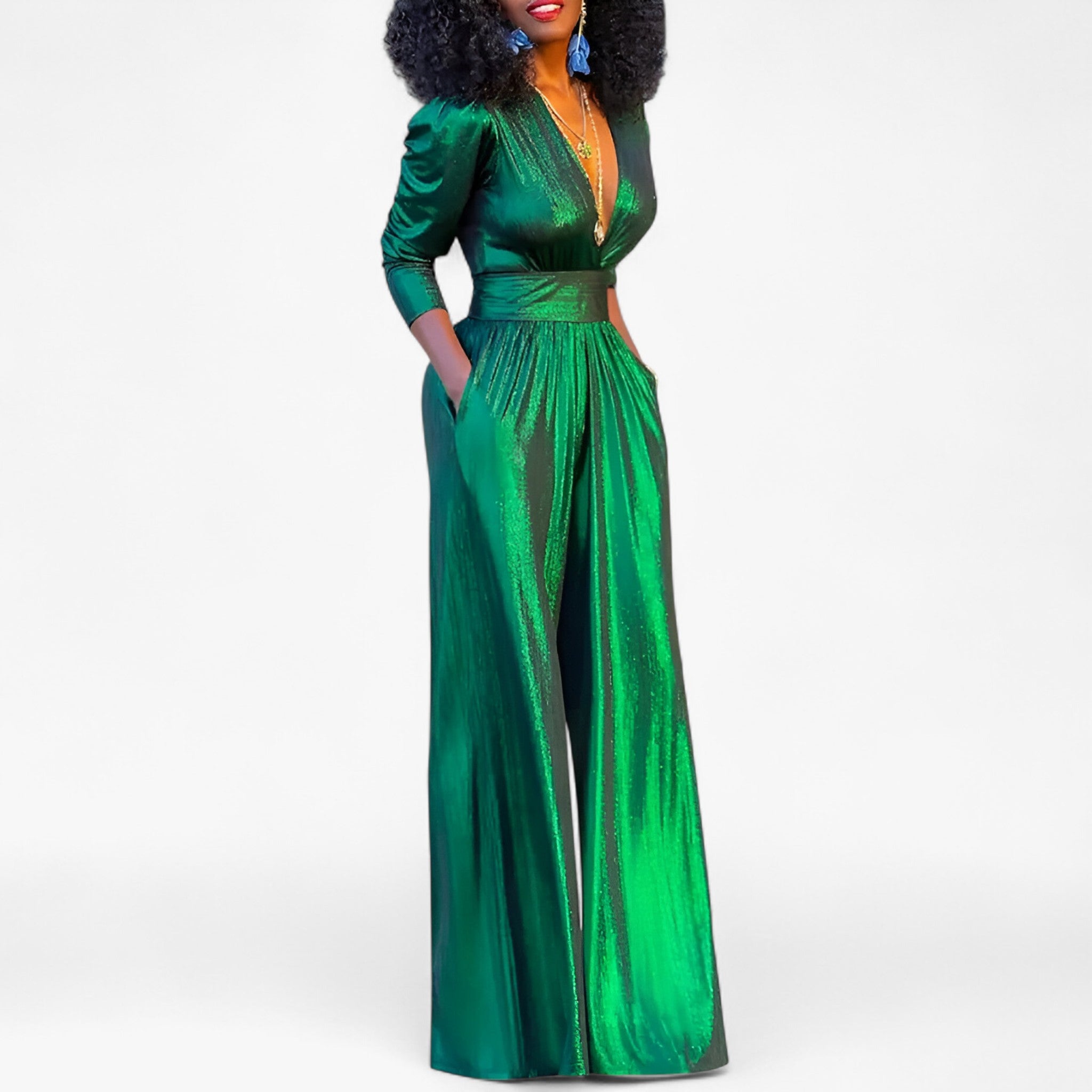 Women's Emerald green metallic jumpsuit with wide-leg pants