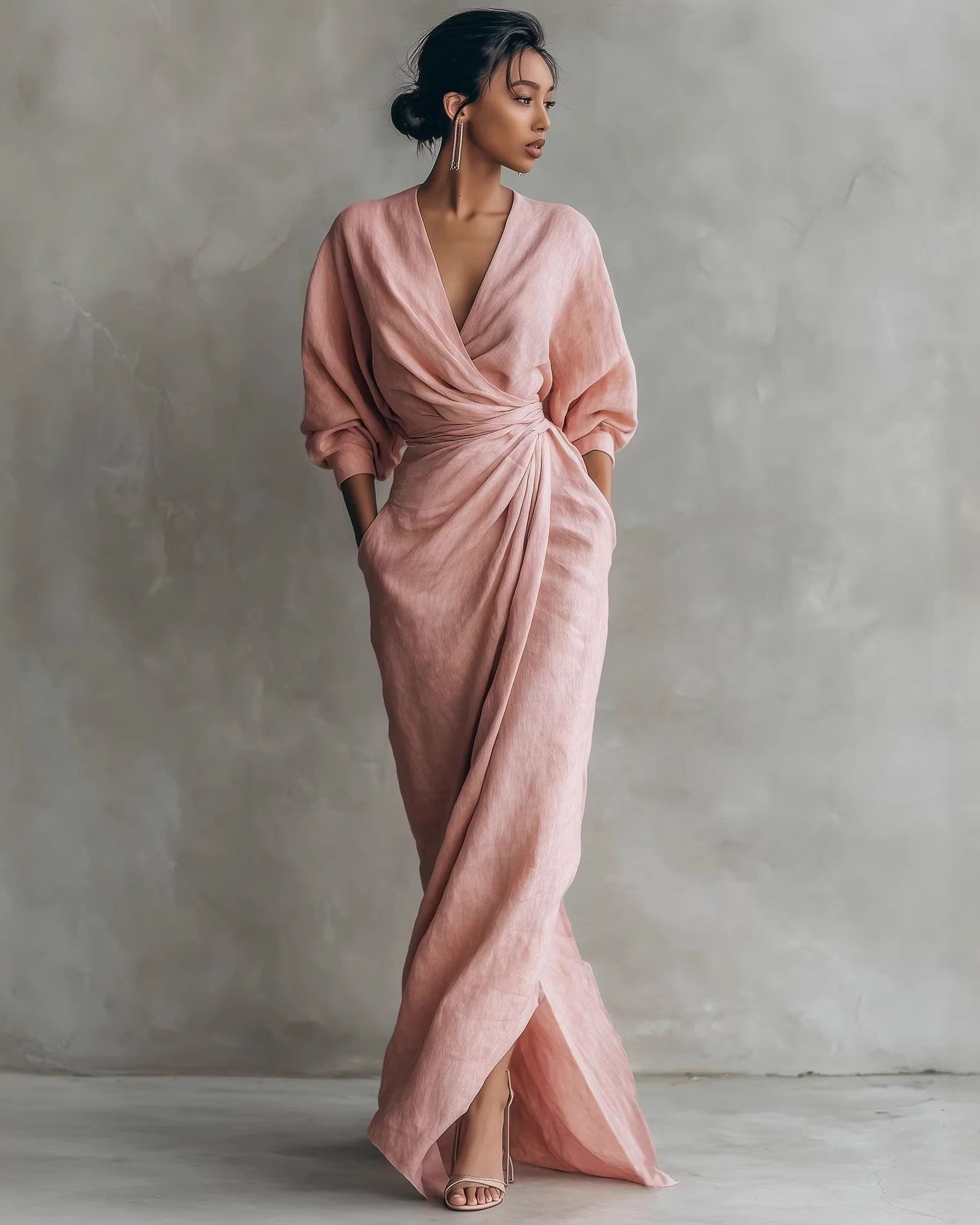 : Lola | V-Neck Waist Draped Long Sleeve Dress in Pink van Paper Favor
