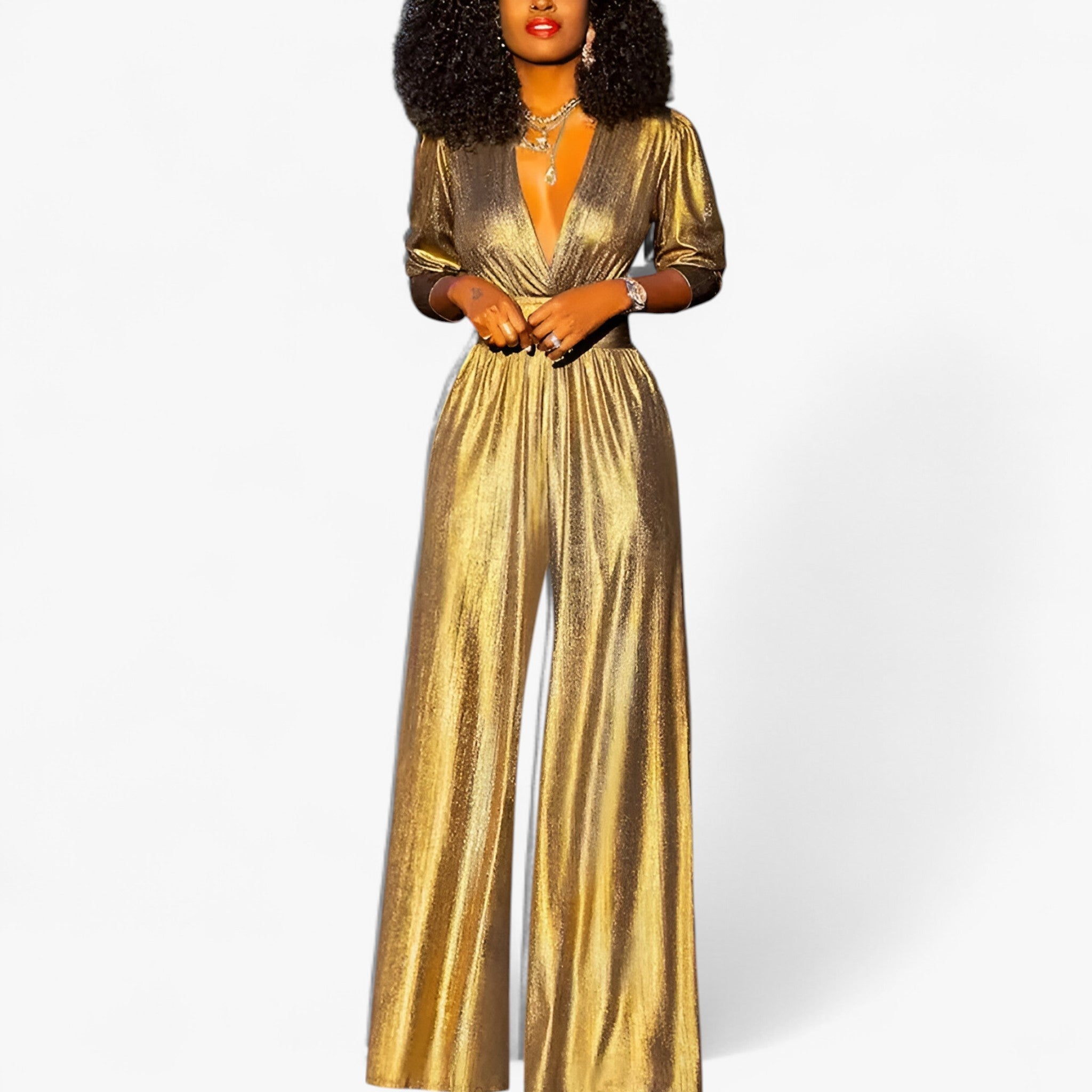 Women's Emerald green metallic jumpsuit with wide-leg pants