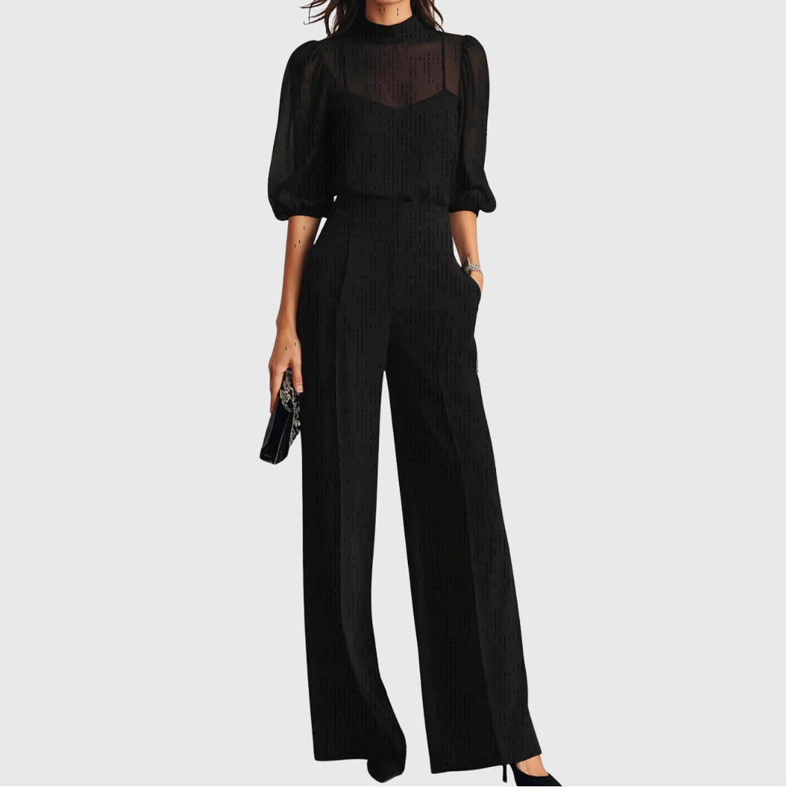Matching Sets : Elodie | Top And Wide-leg Pants Three-piece Set in Black van Paper Favor