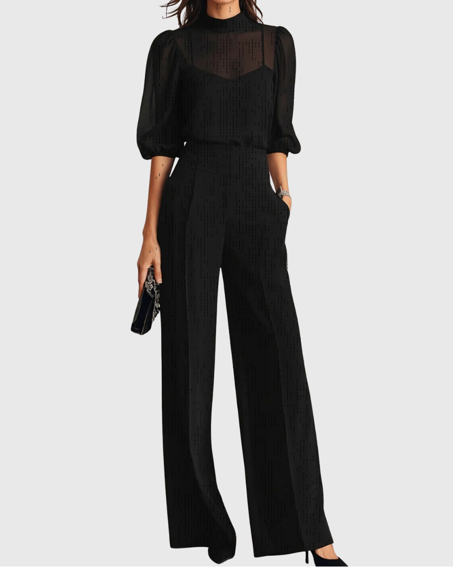 Matching Sets : Elodie | Top And Wide-leg Pants Three-piece Set in Black van Paper Favor
