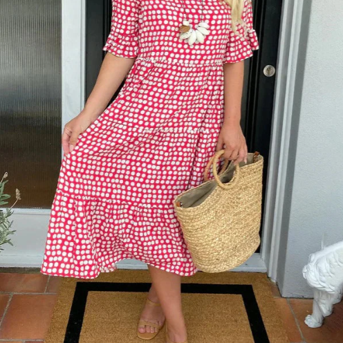 Women > Dresses > Midi : Women's Zora Sable Short-Sleeve Midi Dress - Effortless Chic for in Red van Paper Favor