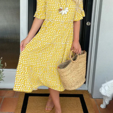 Women > Dresses > Midi : Women's Zora Sable Short-Sleeve Midi Dress - Effortless Chic for in Yellow van Paper Favor