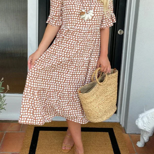 Women > Dresses > Midi : Women's Zora Sable Short-Sleeve Midi Dress - Effortless Chic for in Brown - Almost sold out van Paper Favor