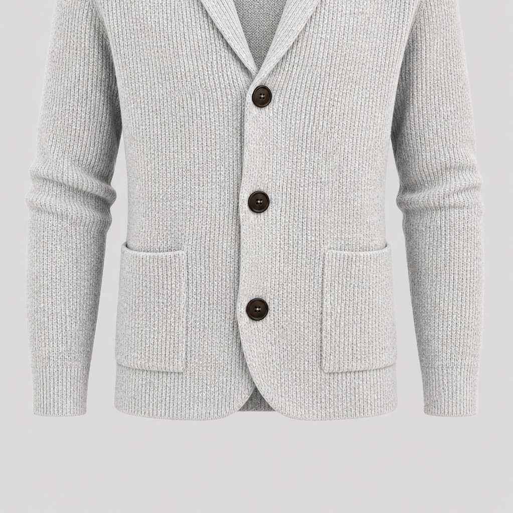 Men’s Thick Polyester Button-Down Cardigan with Shawl Collar and Pockets